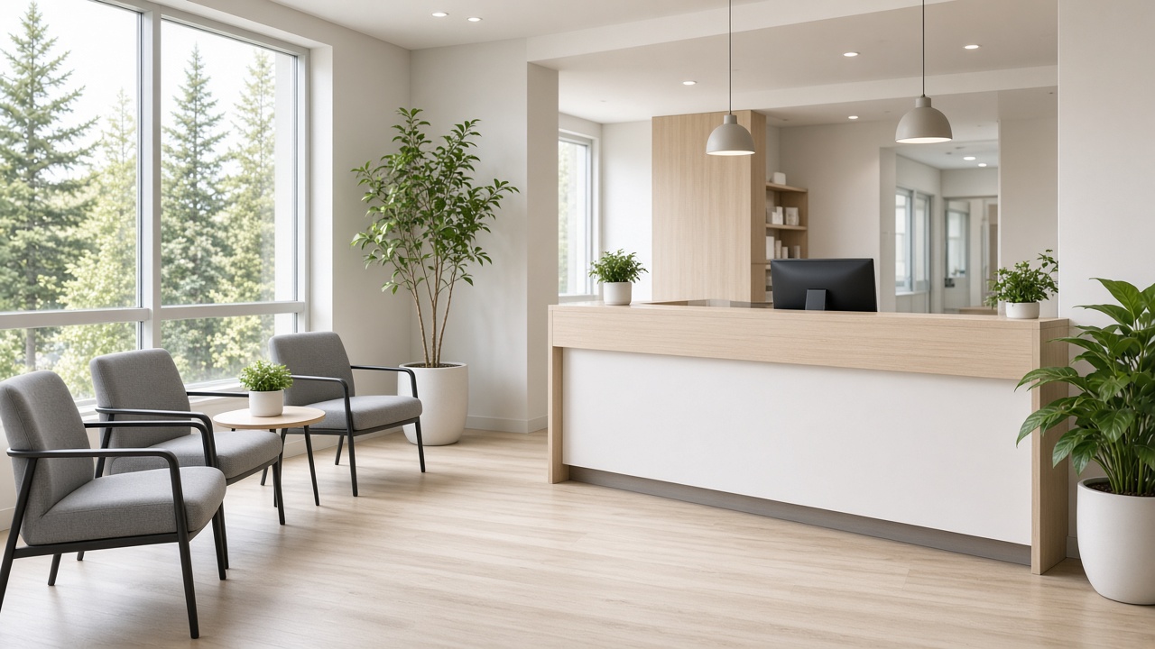 A bright clinic reception. No patient information is shown.